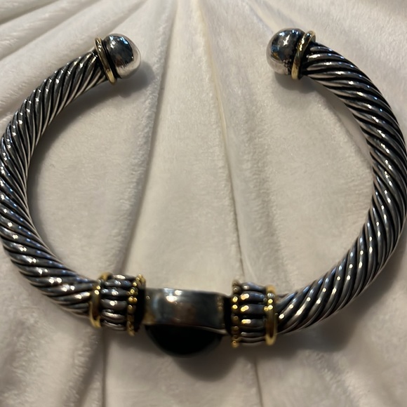 Cable Cuff Bangle Bracelet Silver and Gold Tone Trim with a black acrylic stone - Picture 2 of 5